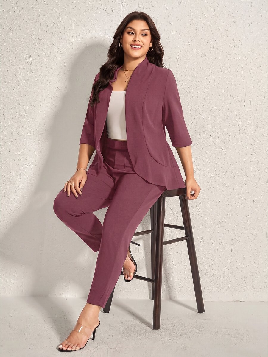 Comfylo Plus Size Women Solid Color 3/4 Sleeve Blazer And Pants 2 Pieces Office Suit, Business Casual Woman - Dusty Purple - View 1