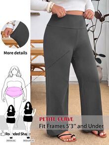 SHEIN PETITE CURVE 大尺碼女款純色高腰長褲，極簡日常穿搭，適合約會、度假、派對、日常外出、聚會、戶外活動 - 灰色 - 查看 3