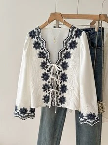 Muvela Women's Elegant Hollow Floral Design Blouse - Blue and White - View 5