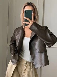 Livesso Women's Solid Color Fashion Minimalist Jacket - Brown - View 4