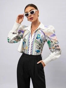 Aveloria Modichic 女款繪畫印花鈕扣開襟長袖襯衫 - 紫色 - 查看 1