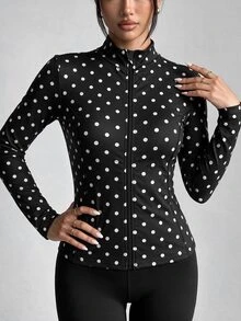 Easithlete Easithlete Women's Autumn/Winter Split Line Decor Black & White Polka Dot Print Zipper Jacket - Black and White - View 4