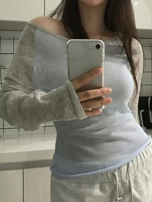 Dazy Plus Plus Size Women Colorblock Asymmetric Shoulder Casual Everyday Long Sleeve Sweater - Baby Blue - View 1