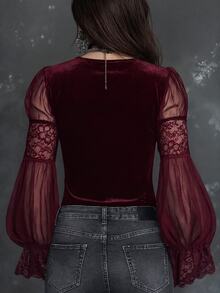 LUMIGAL Vintage Elegant Commuter Sheer Sleeve Lace Trim Velvet Flared Long Sleeve Blouse - Burgundy - View 2