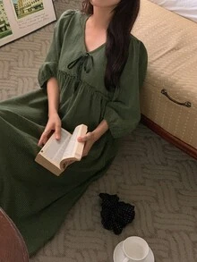 DAZY Solid Tie Front Smock Sleep Dress - Green - View 5