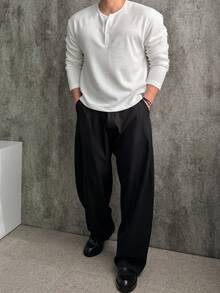 DAZY Spring/Autumn White Elastic Ribbed Knit Fabric Long Sleeve Crew Neck Half-Button Front Korean Style Men's T-Shirt - White - View 5
