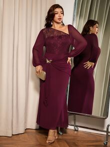 Elaquor Plus Size Women Solid Color Elegant Party Sheer Fitted Dress - Burgundy - View 6