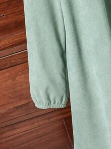 SHEIN Vintaside Kids 女童春秋鼠尾草綠溫柔風鄉村復古簡約羅紋刺繡長袖洋裝，修身優雅，適合海灘派對 - 薄荷綠 - 查看 5