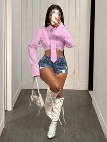 SHEIN BamGlam Y2K 英倫學院風條紋領口領結短版上衣 喇叭袖修身短版襯衫街頭風 - 粉色 - 查看 4