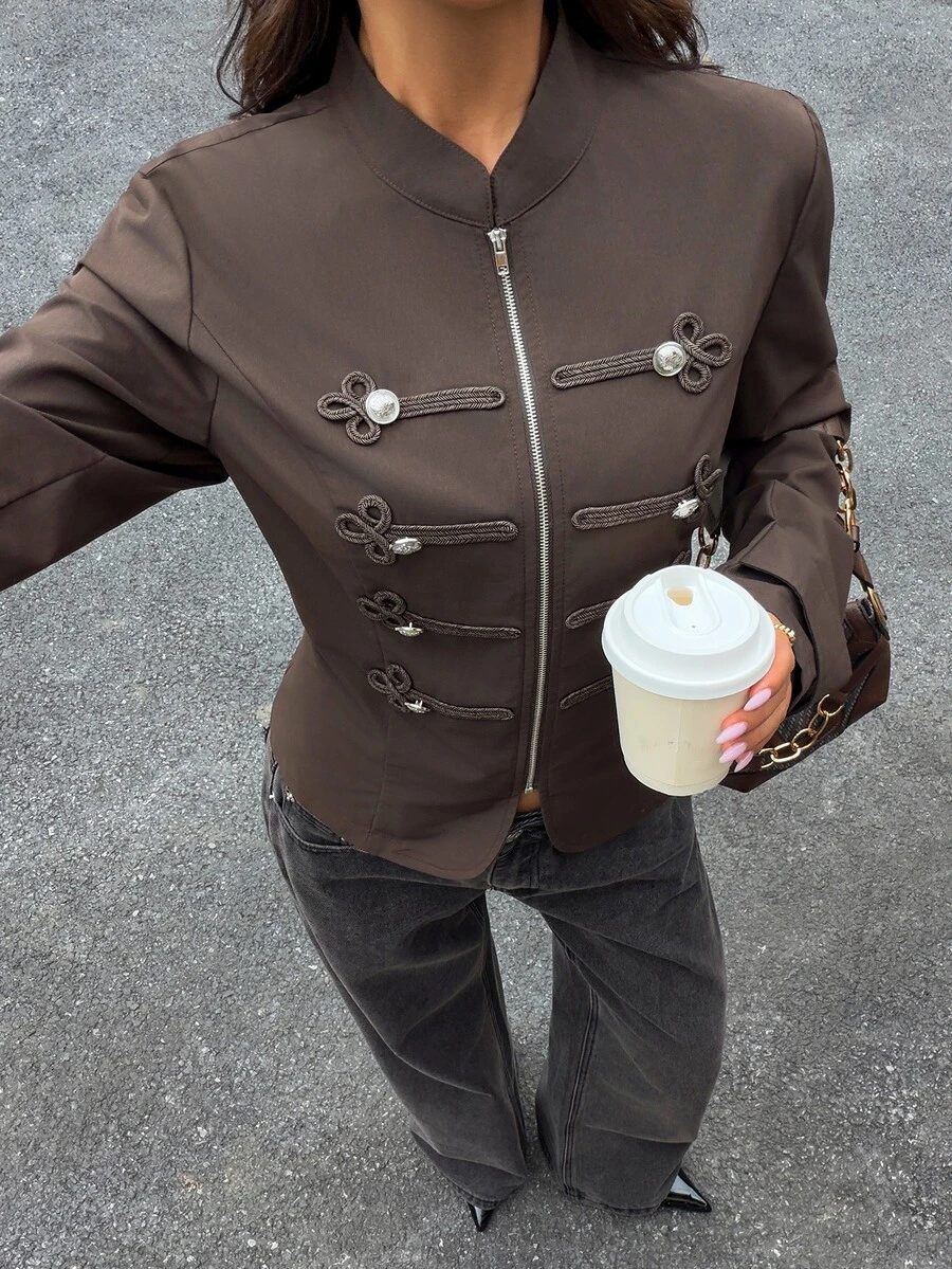 Siren Gaze Women's Zipper Casual Versatile Daily Travel Long Sleeve Jacket - Brown - View 1