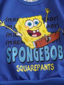 SpongeBob SquarePants | SHEIN 小男孩卡通圖案印花長袖時尚運動衫 - 藍色 - 查看 4