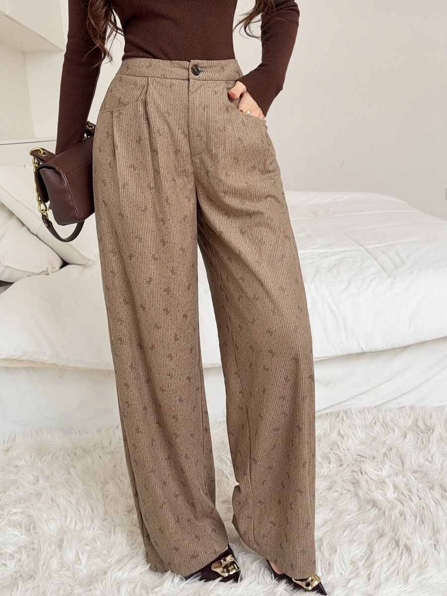 Feyla High-Waisted Corduroy Polka Dot Print Wide-Leg Trousers Perfect For Autumn And Winter, Offering A Relaxed And Comfortable Fit.