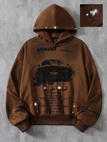 ROMWE MEN Men's Letter Pattern Rhinestone Casual Daily Hoodie Sweatshirt - Coffee Brown - View 1