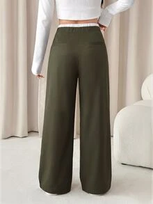 SHEIN PETITE Women's Color Block Casual Daily Wear Long Pants,Ladies Spring/Fall Casual Drawstring,Pocket Natural - Green - View 2