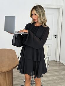 Easowa Round Neck Multi-Layer Ruffle A-Line Chiffon Sheer Flowy Long Sleeve French Elegant French Autumn/Winter Women's Short Dress Brunch Tea Party Black - Black - View 7