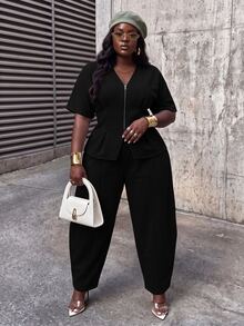 Slaydiva Plus Size 2 Pieces Outfits, Grey Zip Waist Crop Top & Harem Pants Matching Set - Black - View 4