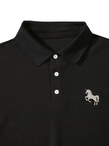 Calvornis 男士刺繡羅紋領純色紋理布料商務休閒短袖 Polo 衫，送給丈夫、男友的日常禮物，適用萬聖節、聖誕節、新年 - 黑色 - 查看 4