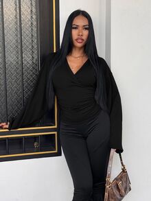 Slaydiva Casual Plus Size V-Neck Black Long Sleeve T-Shirt, Suitable For Autumn, Party, Music Festival, Y2K, Halloween Fall - Black - View 7