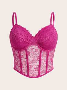 SHEIN ICON 黑色束腰大碼蕾絲細肩帶背心上衣 - 玫紅色 - 查看 1
