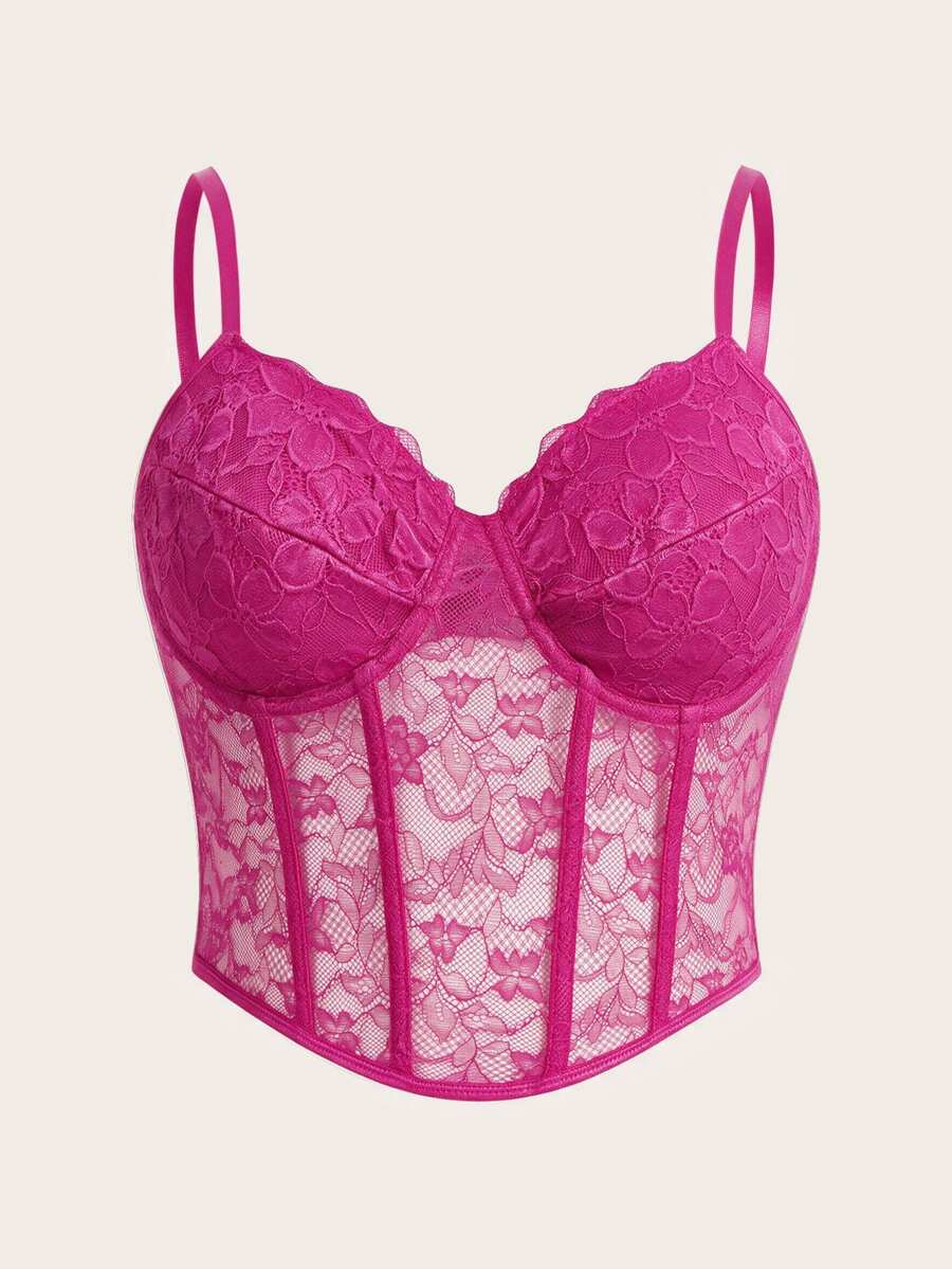 SHEIN ICON 黑色束腰大碼蕾絲細肩帶背心上衣 - 玫紅色 - 查看 1