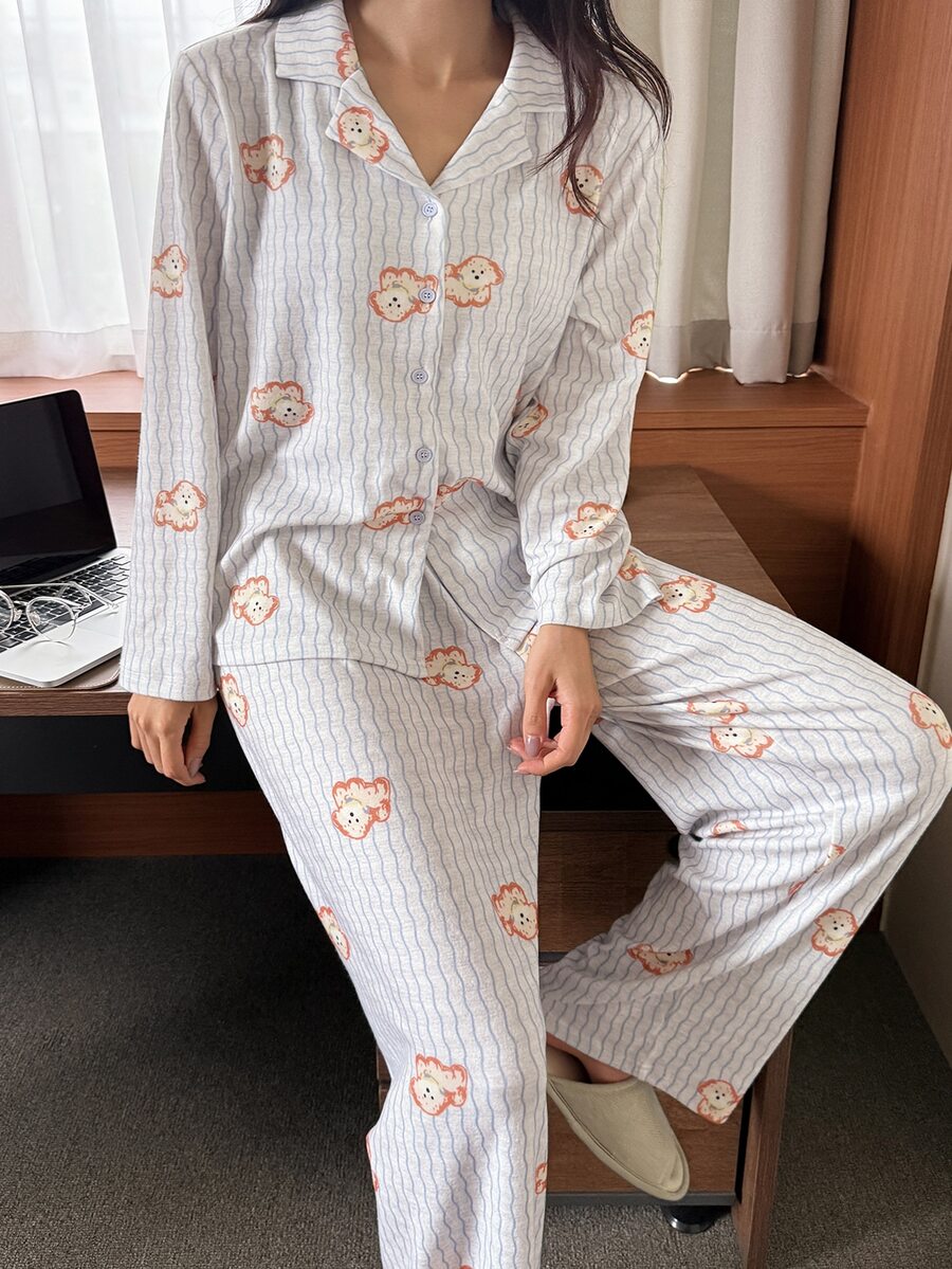 DAZY Women's Cartoon Print Button Up Top And Long Pants Pajama Set - Light Grey - View 1