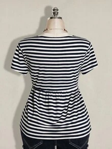 SHEIN ICON 女款大尺碼條紋兩件式休閒日常短袖T恤 - 藏蓝色 - 查看 3