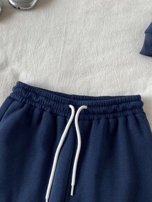 SHEIN 女童 2 件組海軍藍高領運動衫套裝，棉混紡面料，觸感柔軟，半拉鍊上衣，穿脫方便，適合學校、外出、購物、旅行等多種場合 - 藏蓝色 - 查看 7