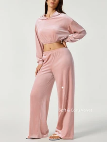 SHAPORA Women's Autumn/Winter Fashion Pink Velvet Fabric Short Sweatshirt & Straight Leg Pants Loungewear 2pcs Set - Pink - View 1