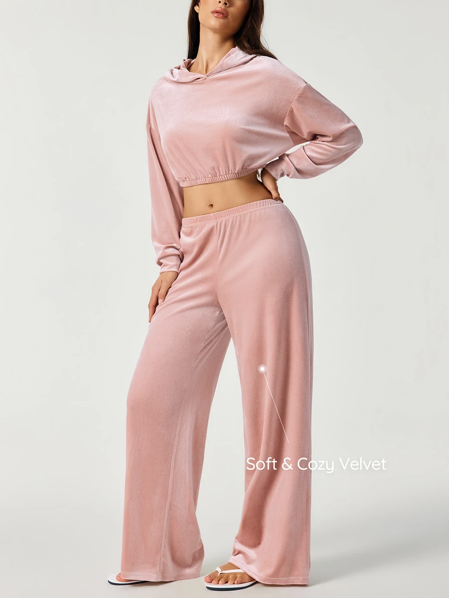 SHAPORA Women's Autumn/Winter Fashion Pink Velvet Fabric Short Sweatshirt & Straight Leg Pants Loungewear 2pcs Set - Pink - View 1