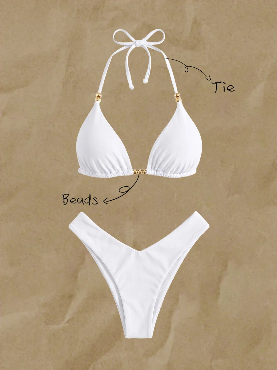 Elavelle Women's Spring Summer Solid Color Halter Neck Beaded Bikini Set - White - View 1