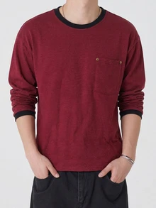 DAZY Spring Autumn Dark Gray Long Sleeve Cuffed Cuff Design Chest Rivet Decor Men's T-Shirt - Burgundy - View 5