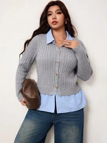 Enliva كارديجان نسائي بمقاس كبير محبوك بتصميم كابل مع ياقة وأساور متباينة الألوان، كنزة صوفية علوية بأزرار أمامية للخريف والشتاء - رمادي - مشاهدة 3