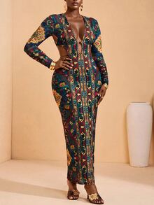 JIAN LASALA All-Over Print Mesh Deep V Side Cutouts Long Sleeve Women Boho Plus Size Dress Vacation Holiday Fall - Multicolor - View 5
