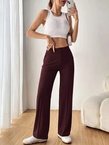 SHEIN EZwear 女款純色直筒西裝長褲 秋冬款 - 酒紅色 - 查看 2