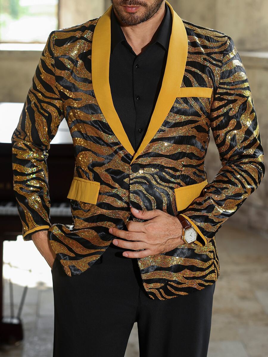 Manfinity AFTRDRK Men's Luxurious Party Gold Sequin Patchwork Beige Single-Breasted Blazer, Best Choice For Holiday Gift - Gold - View 1
