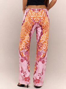 MUSERA 孔雀印花繫帶直筒印花牛仔褲 Coo 秋季 - 粉色 - 查看 2