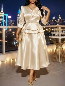 SHEIN Lady Plus Size Skirts Wedding Formal Dinner Champagne Winter Casual Elegant - Apricot - View 1
