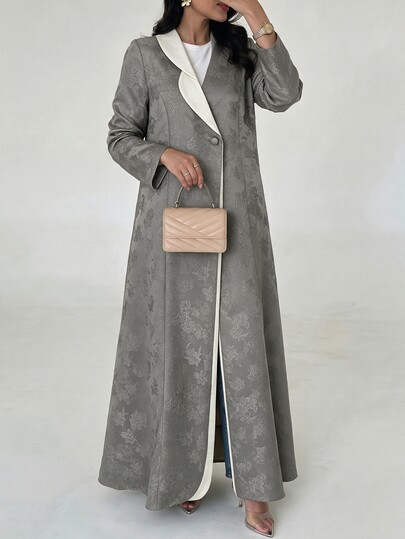 Yasmyna Women's Grey Woven Jacquard Single Lapel Contrast Color Long Sleeve Abaya