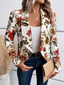 SHEIN LUNE Floral Print Shawl Collar Open Front Blazer In Fall/Winter,Casual - Apricot - View 3