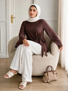 Solavon Plus Size Women Solid Color Casual Daily Long Sleeve T-Shirt - Brown - View 3