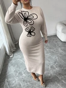 Modelyn Plus Size Round Neck Long Sleeve Floral Pattern Knit Dress - Khaki - View 5