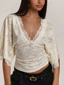 SHEIN BAE CURVE Áo blouse xếp ly phối ren phong cách lãng mạn ngọt ngào size lớn - Màu be - Xem 8
