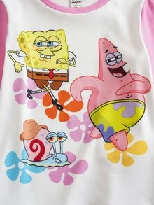 SpongeBob SquarePants | SHEIN 女童卡通印花長袖上衣與長褲休閒居家睡衣套裝 - 粉色 - 查看 4