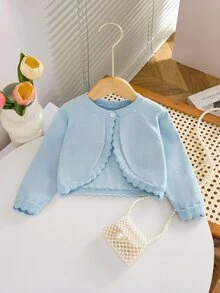 SHEIN Vintaside Kids Baby Girls Cardigans Spring Autumn Knit Long Sleeve Elegant Solid Color Short Shawl Jacket Fashion Versatile Summer Sun Protection Suitable For Daily Wear Travel - Baby Blue - View 1