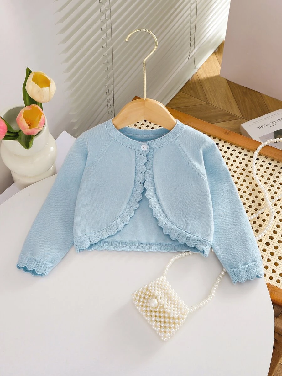 SHEIN Vintaside Kids Baby Girls Cardigans Spring Autumn Knit Long Sleeve Elegant Solid Color Short Shawl Jacket Fashion Versatile Summer Sun Protection Suitable For Daily Wear Travel - Baby Blue - View 1