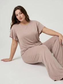 Dazy Plus 2pcs Solid Color Casual Long Pants Homewear Pink Pajama Set - Pink - View 6