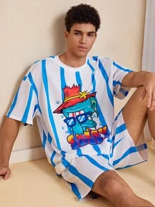 SpongeBob SquarePants | SHEIN Men's Cartoon Print Short Sleeve Top And Shorts Casual Daily Home Wear Set - Blue and White - View 5