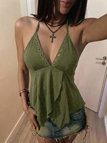 SHEIN ICON 女款性感掛脖綁帶背心，不對稱下擺 - 軍綠色 - 查看 8