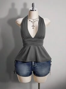 SHEIN ICON 大尺碼掛脖深V領收腰A字露背灰色背心，復古性感優雅Y2K娃娃裝，適合外出夜店夏季穿搭 - 灰色 - 查看 5