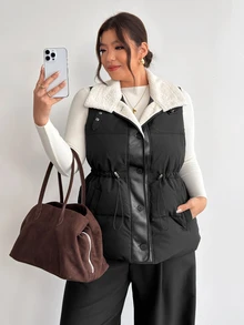 Firerie Plus Size Women Contrast Color Casual Daily Wear Winter Cotton Padded Vest - Black - View 10